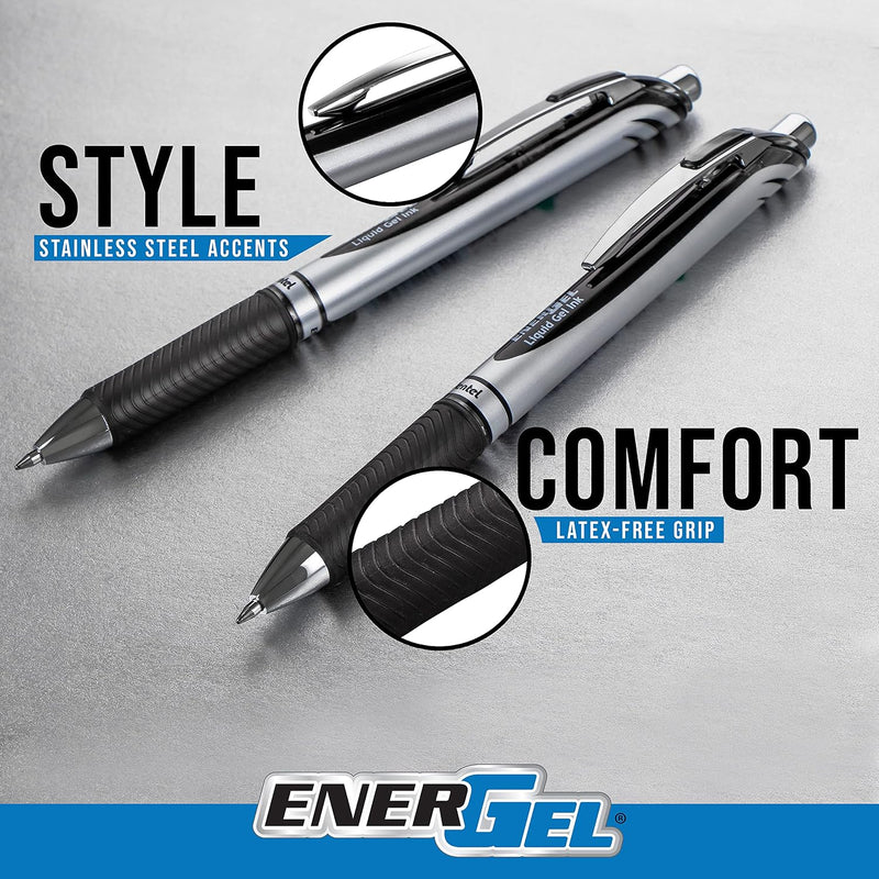 Pentel EnerGel RTX Retractable Liquid Gel Pen, (0.7mm) Medium Line, Metal Tip, Black Ink, Box of 12 (BL77-A)