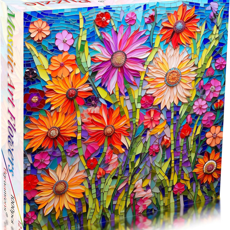 Bgraamiens Mosaic Art Flowers 1000 Piece Ceramic Tile Puzzle for Adults, Stained Glass Jigsaw