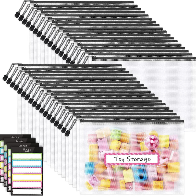 Sooez 24 Pack Mesh Zipper Pouch with Sticky Labels, A4 Mesh Bags, Sturdy Letter Size File Folders Organizer, Office School Classroom Teacher Supplies, Toy Storage Bag Board Game Puzzles Organization