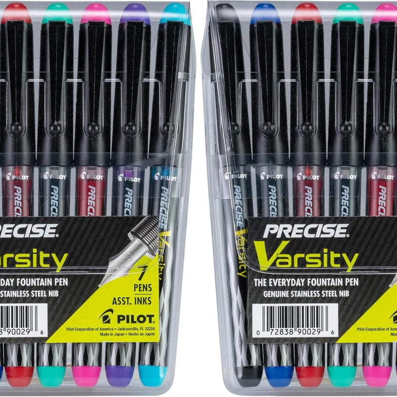 Pilot Precise Varsity Pre-Filled Fountain Pens for Writing, Medium Point Stainless Steel Nib, Black/Blue/Red/Pink/Green/Purple/Turquoise Ink, 1.0mm, 7-Pack