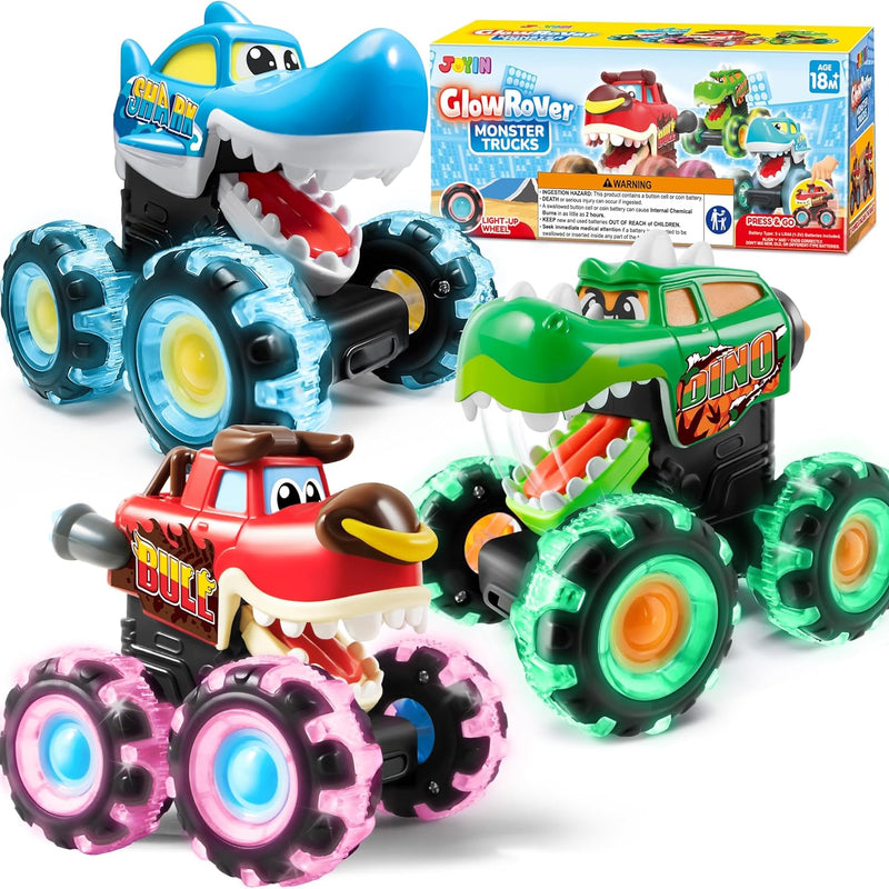 joyin 3-pack motion-activated light-up monster trucks for toddlers with led wheels and press-and-go feature