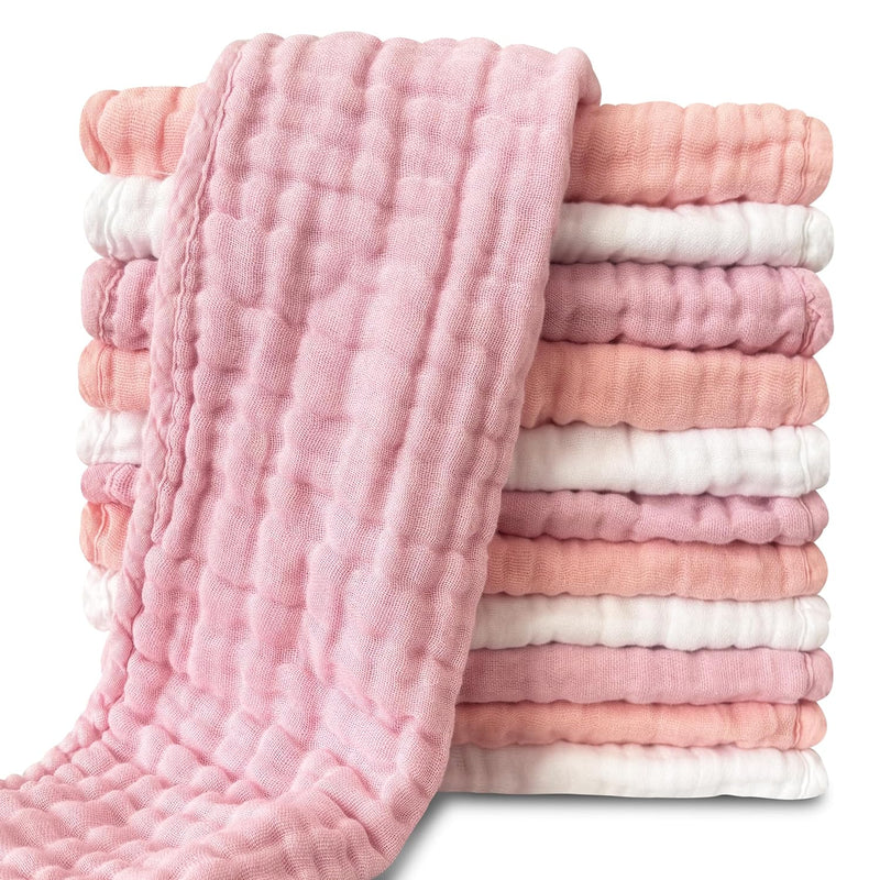 Muslin Burp Cloths for Baby 100% Cotton Burping Cloths for Unisex, Boy, Girl - Large 20'' by 10'' Newborn Essentials Ultra Soft Absorbent Milk Spit Up Rags - 12 Pack - White+Light Bean Paste Series