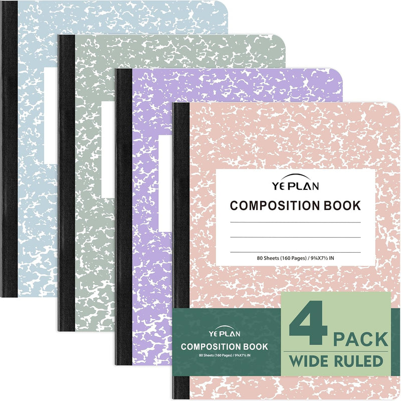 Yeplan Composition Notebooks 4 pack, Wide Ruled Notebook Paper, 9 3/4" x 7 1/2", 80 Sheets/160 Pages, Aesthetic Marble Composition Notebook for School & Office Supplies (4, Pastel Marble Colors)