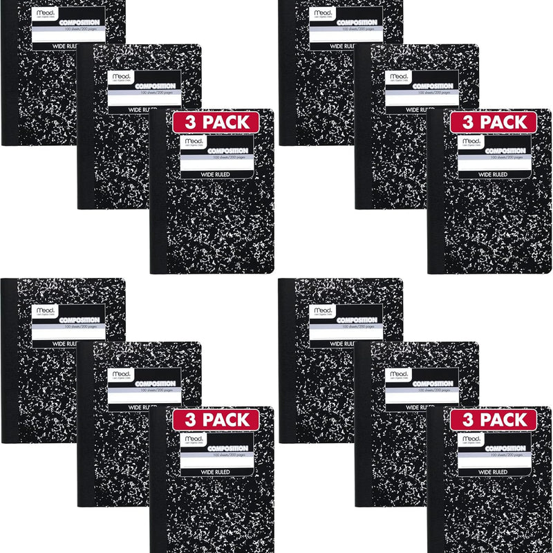 Mead Composition Notebook, Wide Ruled Paper, 7.5" x 9.75", 100 Sheets, Black Marble, 3 Pack (38301)