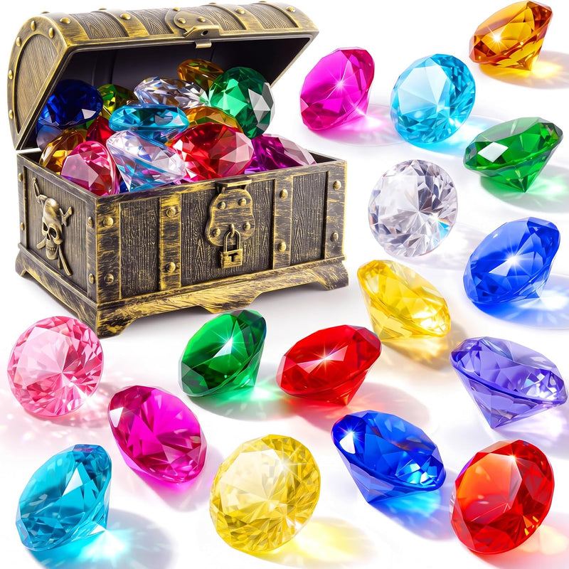 Sloosh Diving Gems Pool Toys, 16 Big Colorful Diamond with Pirate Treasure Chest,Swim Dive Toy for Kids Underwater Gemstone Swimming Training Gift Water Pool Games(Gold)