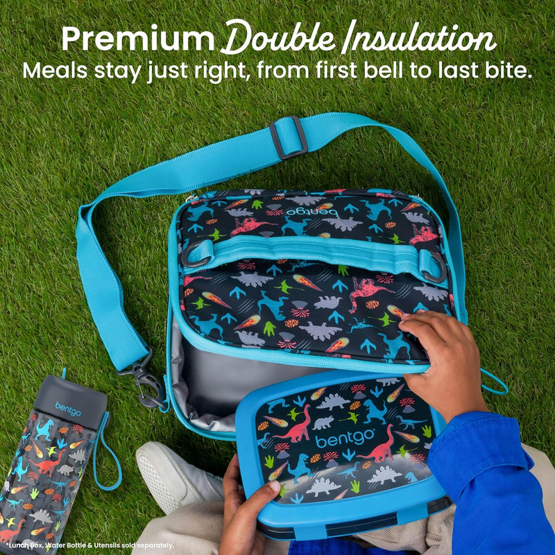 Bentgo Kids Lunch Bag - Durable, Double-Insulated Lunch Bag for Kids 3+; Holds Lunch Box, Water Bottle, & Snacks; Easy-Clean Water-Resistant Fabric & Multiple Zippered Pockets (Dinosaur)