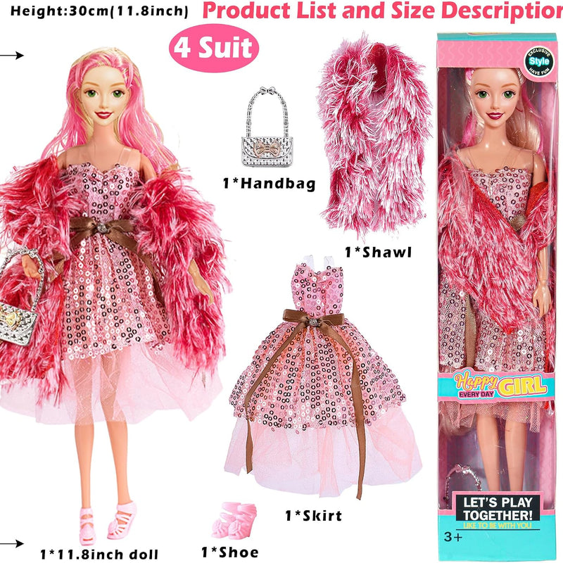 6 Pack Fashion 11.5 inch American Toy Prinecess Dolls Playset with Outfits Dress Design and Accessories Like Handbag Hat Crown Necklace Suitcase (Gift Box Package)