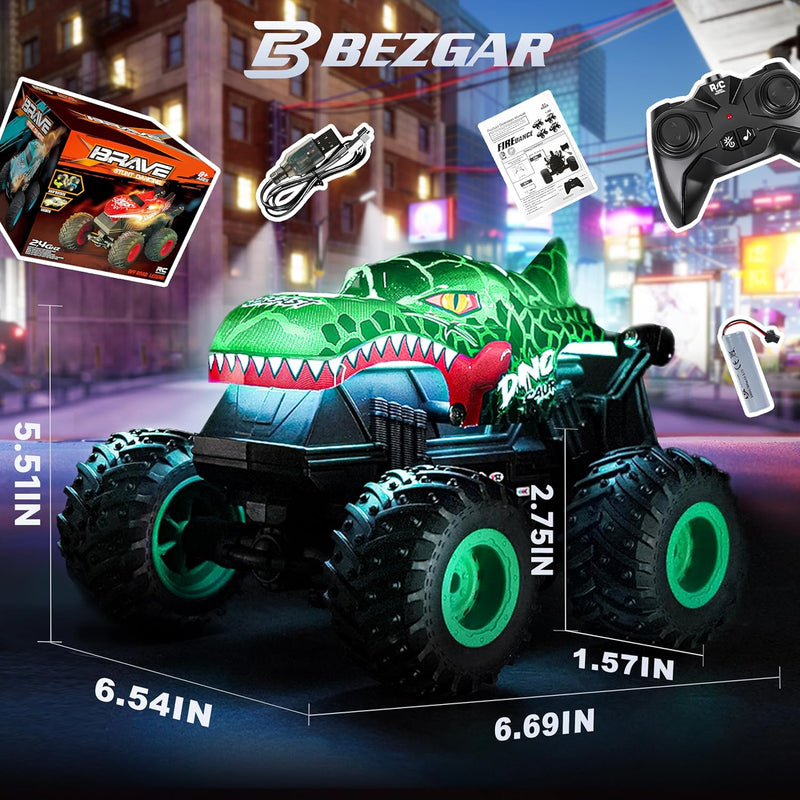 BEZGAR 1:20 Scale Remote Control Monster Truck with Light & Music for Kids 4-7, Dinosaur RC Car with 360° Spins and Drifting