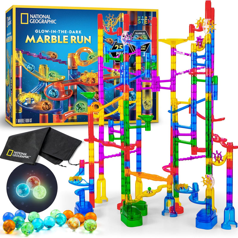 NATIONAL GEOGRAPHIC Glowing Marble Run – Construction Set with 15 Glow in The Dark Glass Marbles & Storage Bag, STEM Gifts for Boys and Girls, Building Project Toy (Amazon Exclusive)