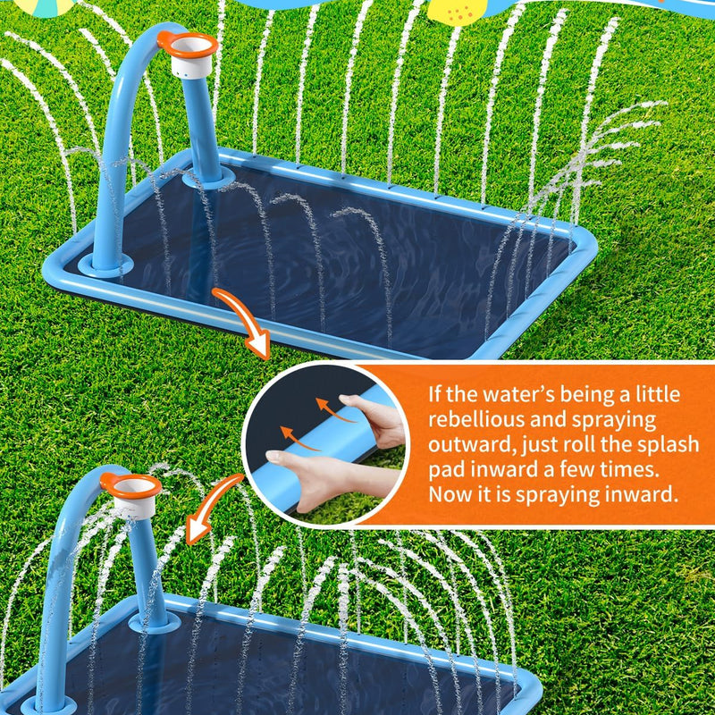 Splash Pad for Kids & Dogs, Large Sprinkler Pad Water Toys with Basketball Hoop, Thickened Non-Slip Splash Mat, Foldable Play Pool & Outdoor Summer Toys Ages 4-12 (102" Splash Pad)