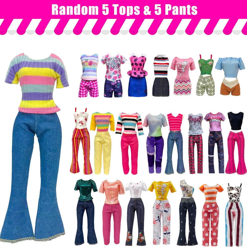 30 Pieces Doll Clothes and Accessories for 11.5 Inch Girl Dolls Including Random 5 Tops, 5 Pants, Random 3 Dresses, Random 3 Fashionable Dresses, Random 2 Swimwear, 6 Pairs of Shoes, 1 Bag, 5 Hangers
