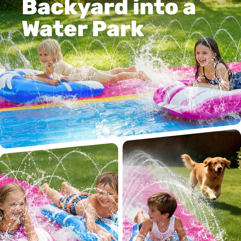 JOYIN 22.5FT Water Slide and 2 Inflatable Boards, Extra Long Heavy Duty Double Lawn Waterslide with Sprinkler for Kids Adults Backyard Summer Water Toy Outdoor Fun, Blue, Pink
