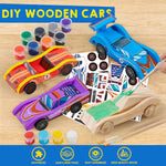 Klever Kits 4 DIY Wooden Race Cars Craft Kit for Kids, Easy to Assemble Arts and Crafts Toy with Paint and Stickers