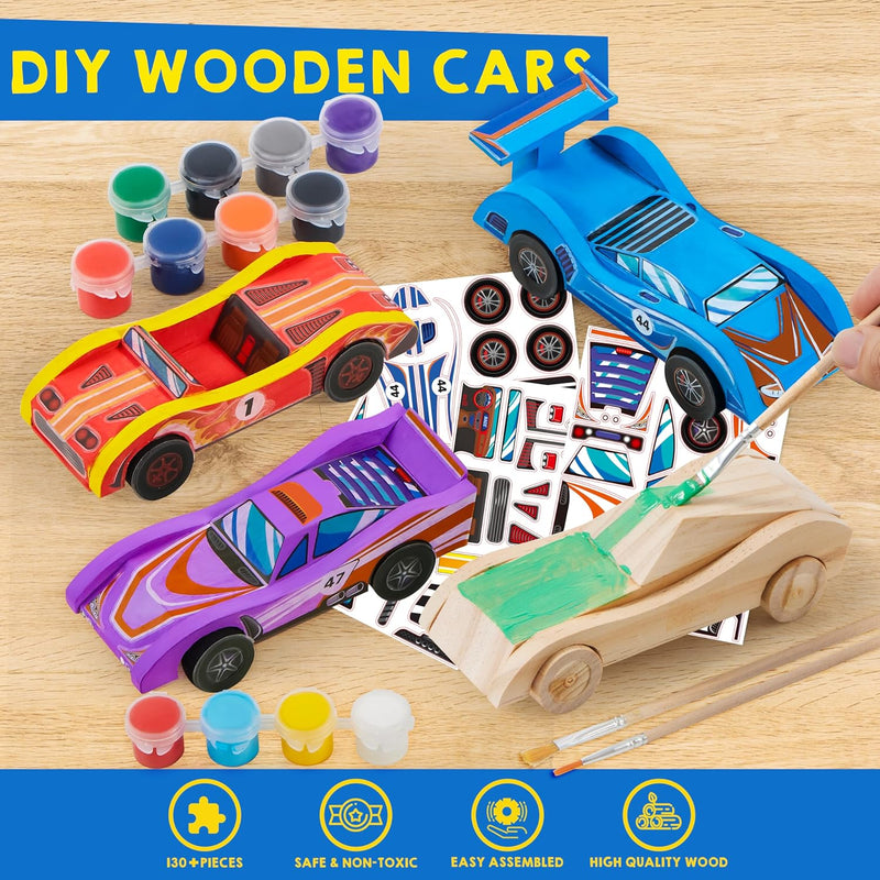 Klever Kits 4 DIY Wooden Race Cars Craft Kit for Kids, Easy to Assemble Arts and Crafts Toy with Paint and Stickers