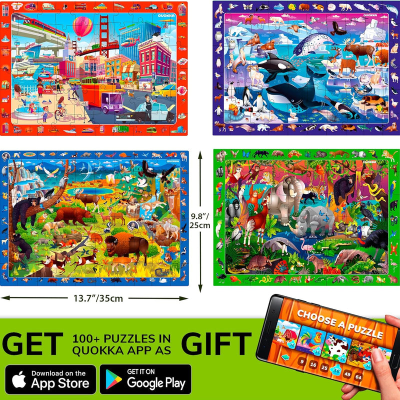 QUOKKA Puzzles for Kids Ages 4-6 - 4 x 60 Puzzles for Toddlers 5-8 - Educational Search and Find Toy for 8-10 yo for Learning Forest Polar, USA National Park Animals and City Life