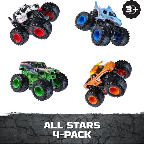 Official 1:64 scale Monster Jam, All Stars 4-pack with Grave Digger, Megalodon, Dalmatian and El Toro Loco for kids aged 3 and up
