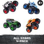 Official 1:64 scale Monster Jam, All Stars 4-pack with Grave Digger, Megalodon, Dalmatian and El Toro Loco for kids aged 3 and up