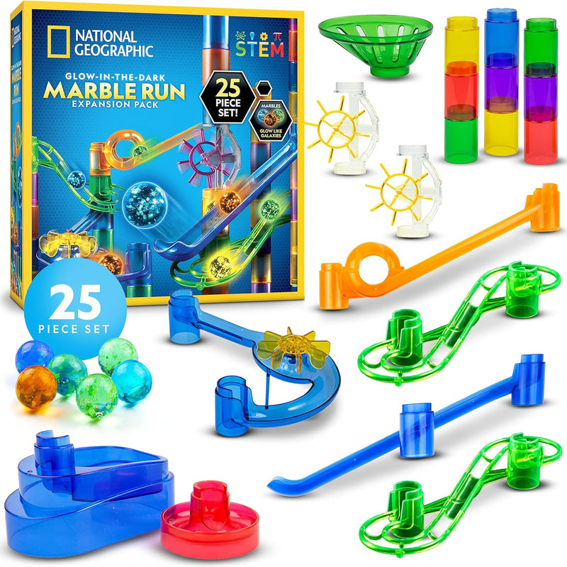NATIONAL GEOGRAPHIC Glowing Marble Run – Construction Set with 15 Glow in The Dark Glass Marbles & Storage Bag, STEM Gifts for Boys and Girls, Building Project Toy (Amazon Exclusive)