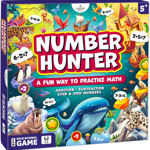 Clever Fox Play Number Hunter Math Board Game for Kids 5-7 Year Old, Addition & Subtraction Math Game, STEM Toy for Preschool and 1st-3rd Grade