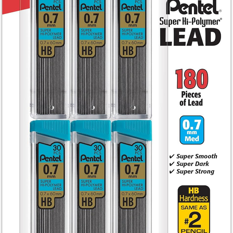 Pentel Super Hi-Polymer Refills, 0.7 mm Medium, HB, 180 Pieces of Lead (C27BPHB6)