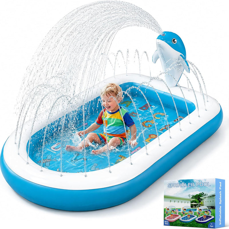 Splash Pads for Toddlers 1-3, Dolphin Toy Sprinkler for Kids, Outdoor Play Mat for Babies, 68" Backyard Inflatable Kiddie Pool, Splash Pad for Kids Ages 4-8, Birthday Gifts for 1 Year Old Boy Girl