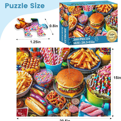 500-piece adult jigsaw puzzle with hamburger theme and 20.5x15 in size
