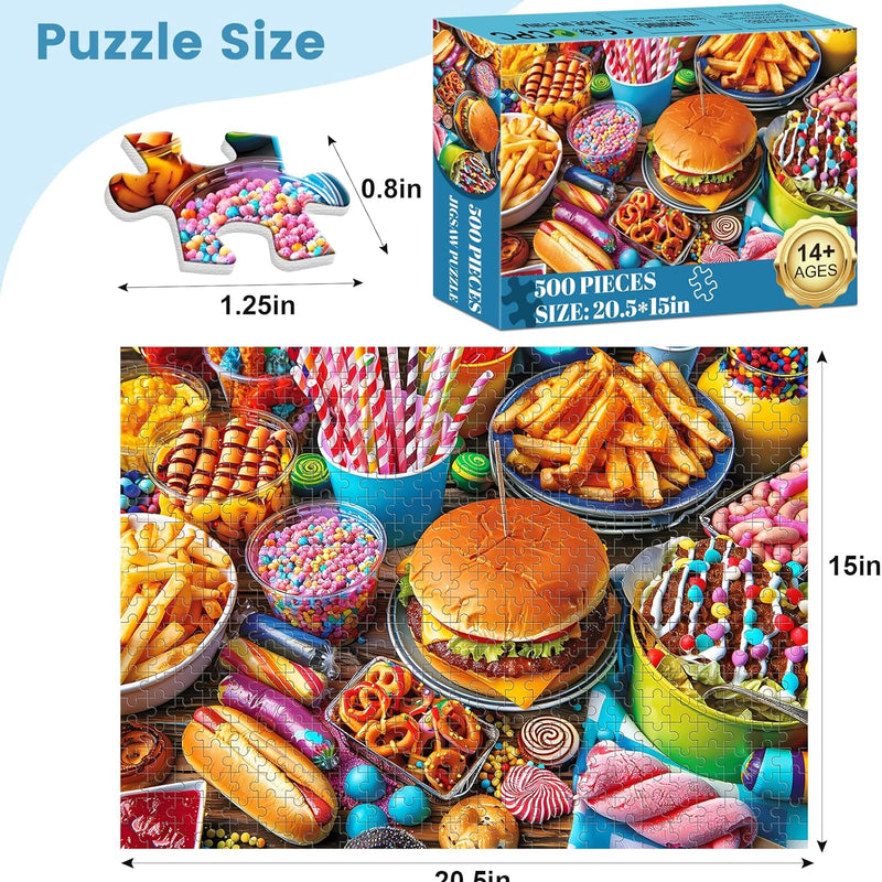 500-piece adult jigsaw puzzle with hamburger theme and 20.5x15 in size