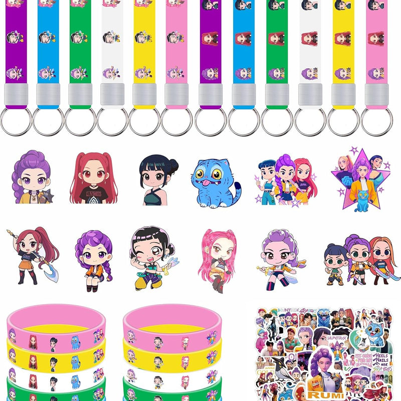 Demon Movie Hunters Birthday Party Supplies: 86-Piece Set with Bracelets, Pins, Keychains, and Stickers for Boys and Girls