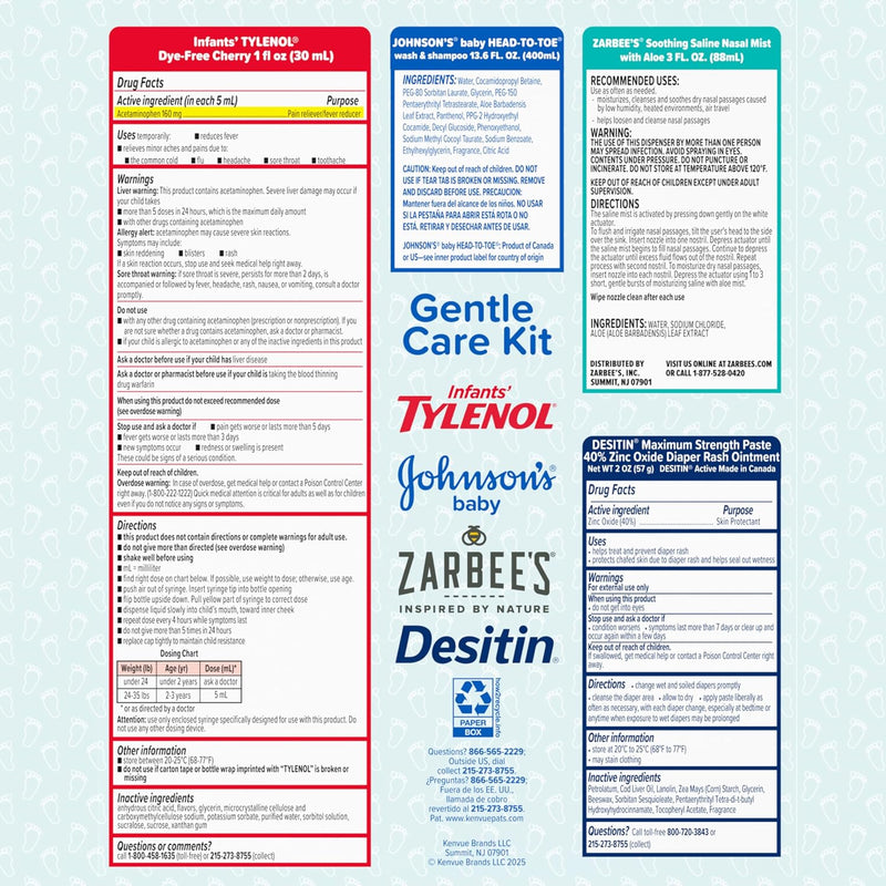 Johnson's Baby Gentle Care Kit, Baby Skin Care, 4 Items, Includes Desitin Maximum Strength Paste, Infants' Tylenol, Fever Reducer, Johnson's Baby Head-to-Toe Baby Wash, Zarbee's Soothing Saline Mist