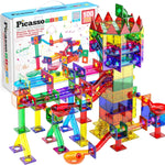 PicassoTiles 100pc Magnetic Marble Run Set with Racing Track Tiles Funnels Curved Slopes and Steel Balls for Kids STEM Construction Indoor Learning Toy that Promotes Focus and Problem Solving PTG100