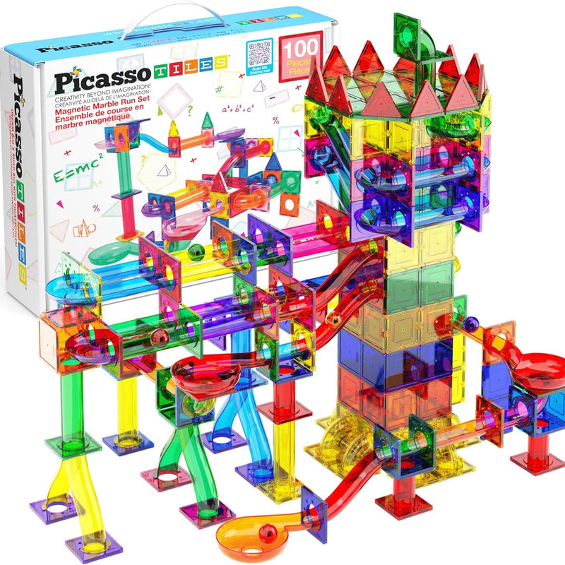 PicassoTiles 50pcs Magnetic Tiles Marble Run for Kids Race Track Toy Marble Maze Sensory Toys for Toddlers STEM Educational Set Magnet Building Blocks Construction Building Tiles Boys Girls 3+ PTG50