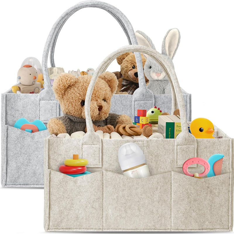 HIPHOP PANDA 2-Pack Diaper Caddy Organizer - Newborn Essentials Baby Registry Must Haves - Sturdy Nursery Storage Bin & Portable Car Caddy for Diapers & Wipes - Grey/Oatmeal Gift Set