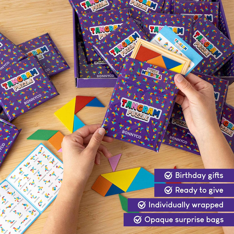 BONNYCO Wooden Tangram Puzzle Set of 30 for Kids Birthday Party Favors