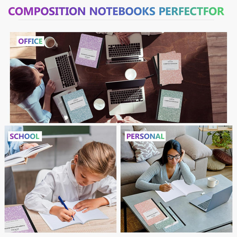 Yeplan Composition Notebooks 4 pack, Wide Ruled Notebook Paper, 9 3/4" x 7 1/2", 80 Sheets/160 Pages, Aesthetic Marble Composition Notebook for School & Office Supplies (4, Pastel Marble Colors)