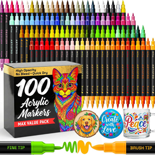 ARTISTRO Acrylic Glass Markers for Wine Glasses and Drinkware (100 Pack), Vibrant Dual Tip Paint Pens for Party Charms & Bar Tools (Brush + Fine Tips)
