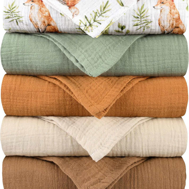 Muslin Receiving Blankets 5 Pack, Soft Swaddle Wraps for Newborn Babies | Breathable Skin-Friendly Muslin Cotton, Neutral Swaddle Blanket for Boys & Girls, Newborn Baby Essential, Bright Leaves