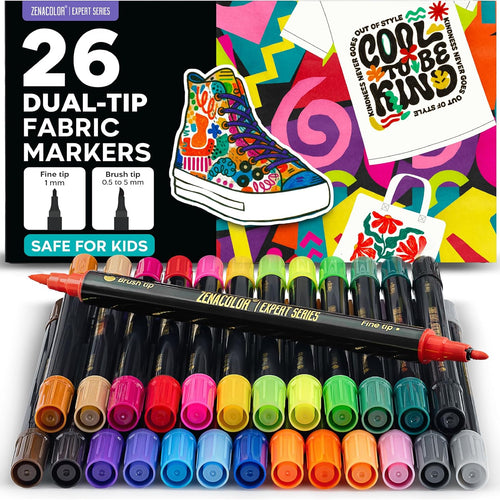 Zenacolor 26 Dual Tip Fabric Paint Marker - Non Toxic Fabric Markers Permanent For Clothes with Fine & Brush Tips - Shoe Paint, Canvas, Totes Bags