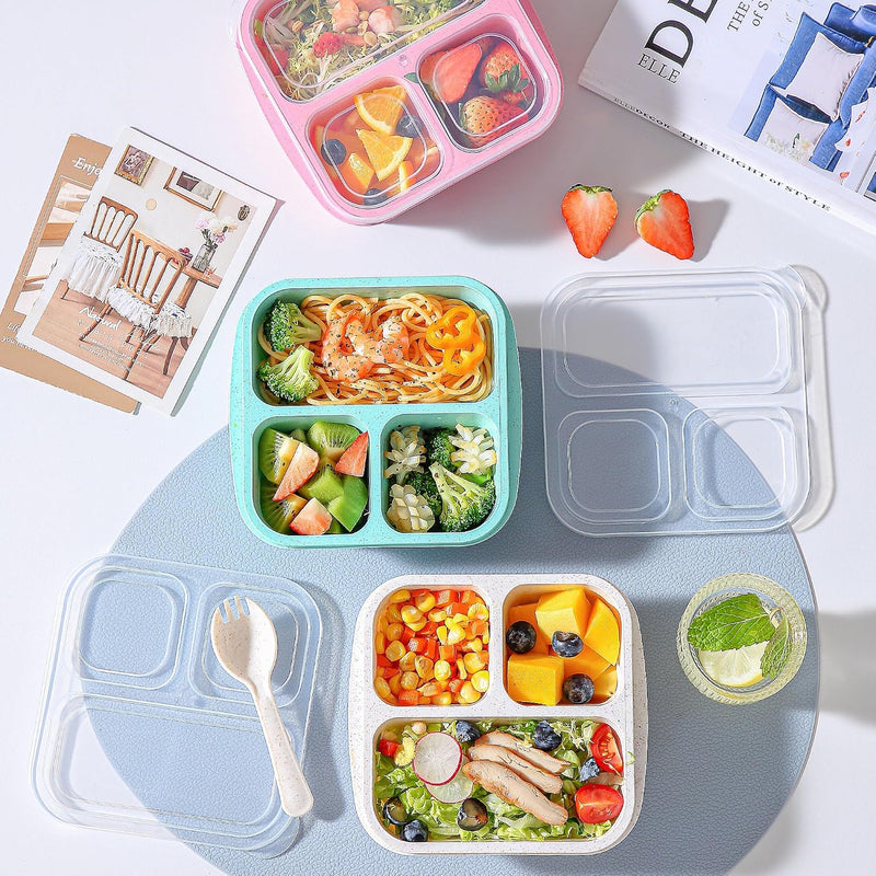 TOUWMX Bento Box For Kids, 4 Pack 3 Compartments Meal Prep Containers Reusable Lunch Containers, Food Storage Containers With Lids, Stackable Snack Boxes for School, Work, and Travel