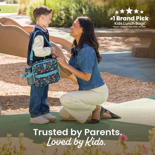 Bentgo Kids Lunch Bag - Durable, Double-Insulated Lunch Bag for Kids 3+; Holds Lunch Box, Water Bottle, & Snacks; Easy-Clean Water-Resistant Fabric & Multiple Zippered Pockets (Dinosaur)