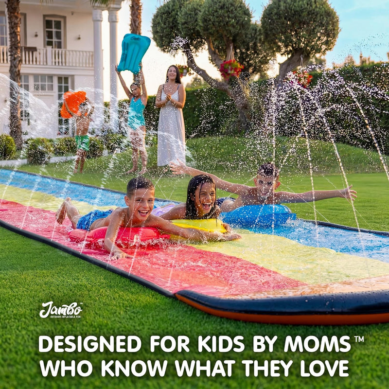 JAMBO Premium Triple Water Slide with 3 Bodyboards, 20Ft Heavy Duty Slip Splash and Slides-Advanced 3-Way Sprinkler System, Splash Pad Mat Backyard Summer Outdoor Water Toys n Long Slides for Kids