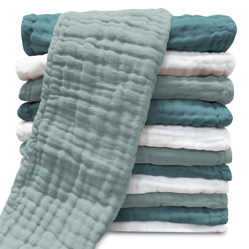 Muslin Burp Cloths for Baby 100% Cotton Burping Cloths for Unisex, Boy, Girl - Large 20'' by 10'' Newborn Essentials Ultra Soft Absorbent Milk Spit Up Rags - 12 Pack - White+Light Bean Paste Series