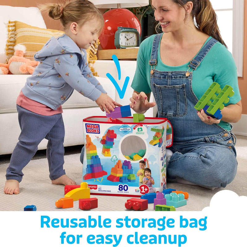 MEGA BLOKS First Builders Toddler Blocks Set - 80 Pieces, Big Bag, Ages 1+, Blue