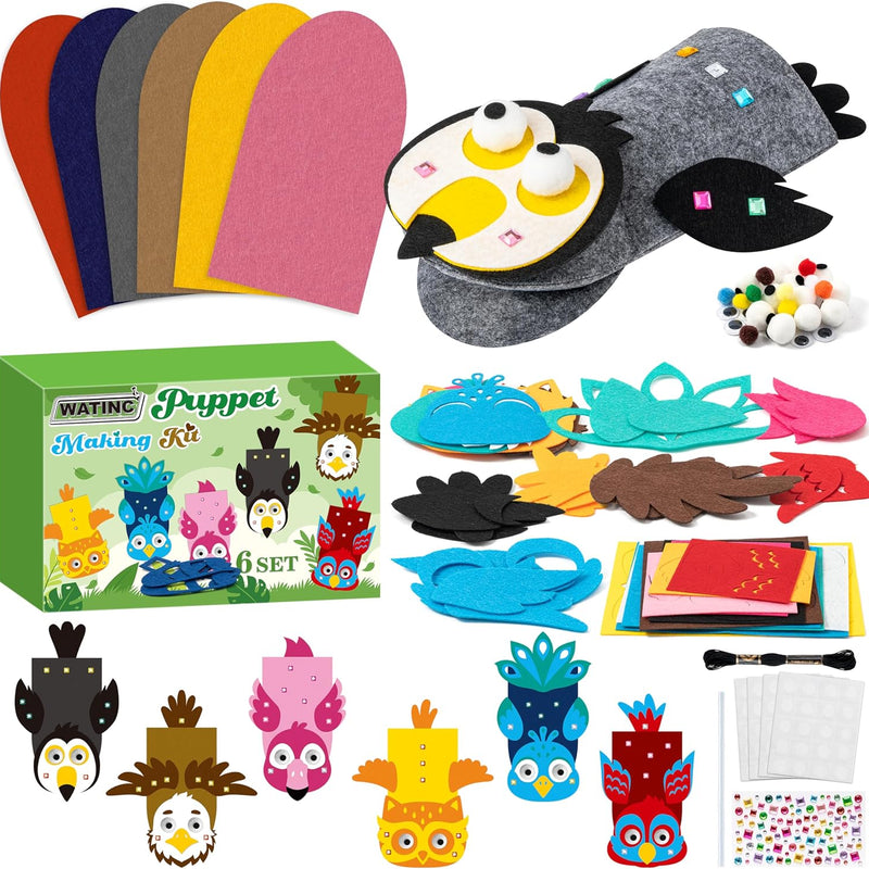 WATINC 6-Piece Animal Hand Puppet Making Kit for Kids, DIY Art Craft Felt Sock Puppets, Pompoms, Googly Eyes, and Felt Decorations for Creative Storytelling and Role Play.