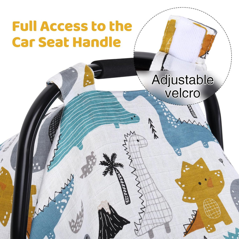 Rquite Car Seat Cover Baby Boy, Breathable Muslin Infant Carseat Canopy | 100% Muslin Cotton, Lightweight Breathable Soft, 47.2″ × 35.4″ Large Size, Stroller Sun Shade for Summer Hot Day, Dinosaur