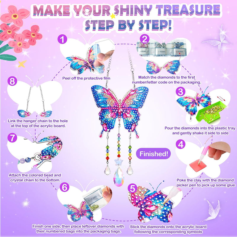Diamond Art Kits for Kids Ages 8-12, 3 PCS DIY Gem Art Suncatchers for Kids | Diamond Art Kit with 3 Paintings and 2 Tool Sets, Craft Kits Birthday Gift for Girls Ages 8-12, Home/Garden/Backpack Décor