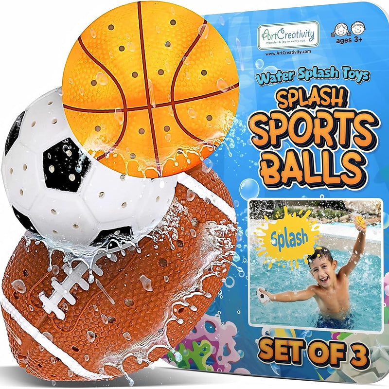 ArtCreativity Pool Toys for Toddlers 1-3, Splash Sports Balls Water Toys, 3 Different Athletic Water Ball Designs Include Football, Basketball & Soccer Ball, Spongy Pool & Bath Toys for Kids Ages 4-8