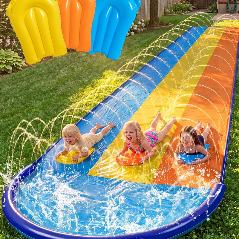 Sloosh Triple Water Slide with 3 BodyBoards, 22.5FT Lawn Water Slip Splash Pad Slide Summer Toy with Build in Advanced Sprinkler for Kids Adults Backyard Summer Water Fun