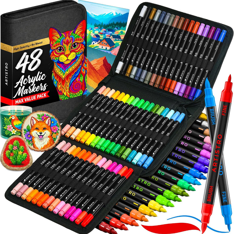 ARTISTRO Acrylic Paint Pens With Storage Bag for Calligraphy - Markers With Brush and Fine Precision Tips - Multisurface Painting for Fabric, Rock, Glass, and More
