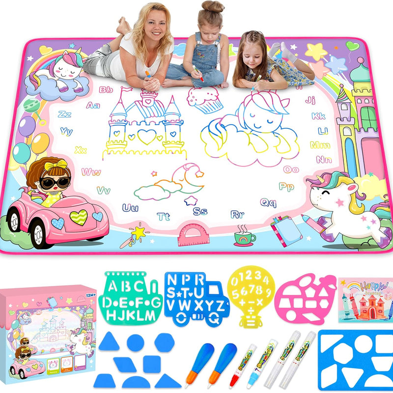water doodle mat for kids with 6 magic pens, reusable, no ink, no paint, water-resistant