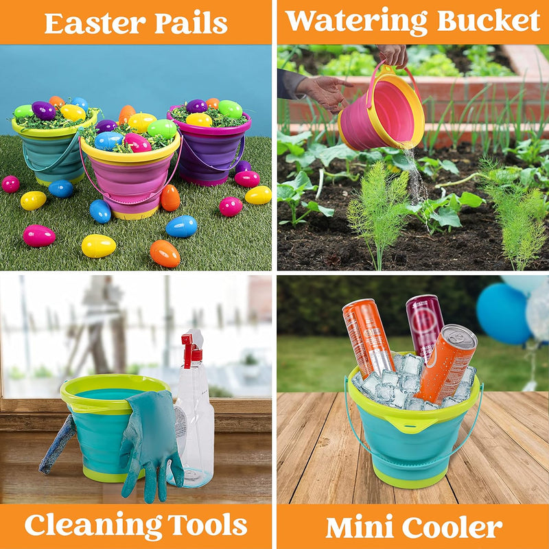 Foldable Beach Bucket Set - 3 Packs Collapsible Toy Buckets with Shovels and Mesh Backpack